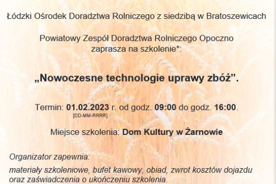 Zaproszenie na szkolenie Nowoczesne technologie uprawy zbóż