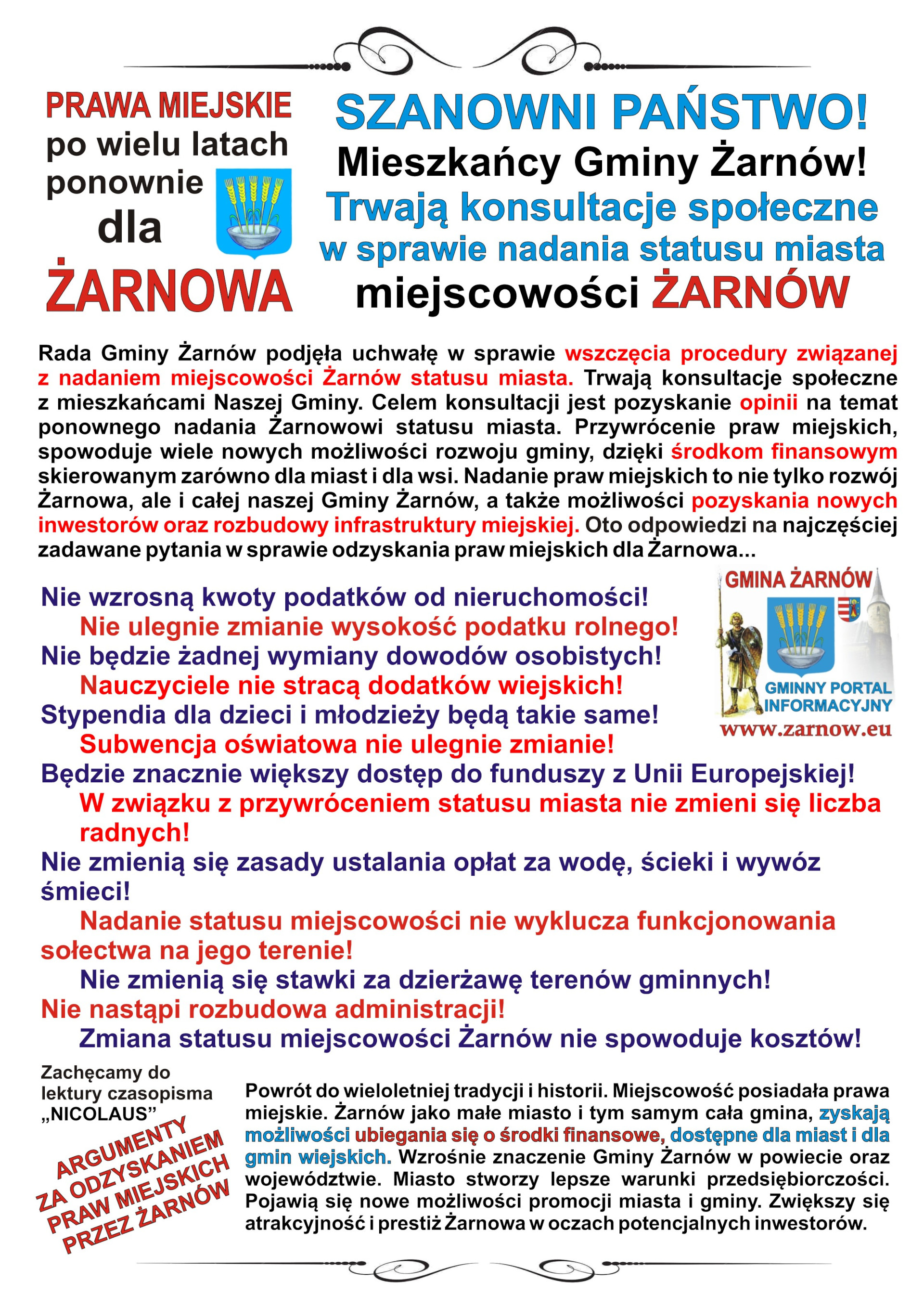Plakat promujący ideę odzyskania praw miejskich dla Żarnowa