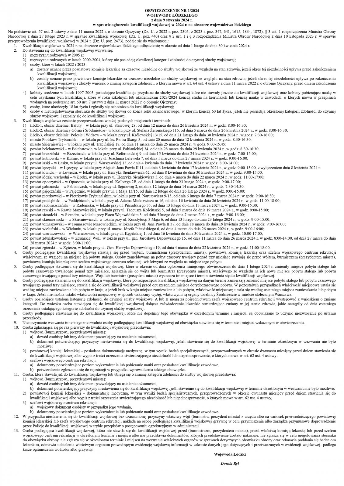 OBWIESZCZENIE NR 1/2024 WOJEWODY ŁÓDZKIEGO z dnia 9 stycznia 2024 r. w sprawie ogłoszenia kwalifikacji wojskowej w 2024 r. na obszarze województwa łódzkiego