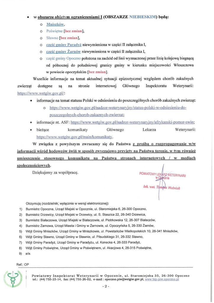 Pismo Powiatowego Lekarza Weterynarii w Opocznie