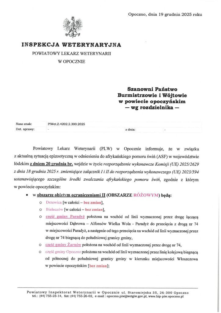 Pismo Powiatowego Lekarza Weterynarii w Opocznie